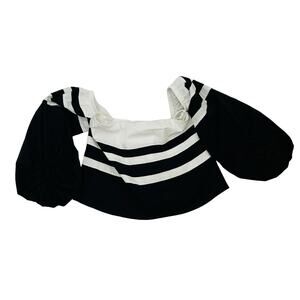Bebe XS Crop Off the Shoulder Puff Sleeve Black‎ and White Top